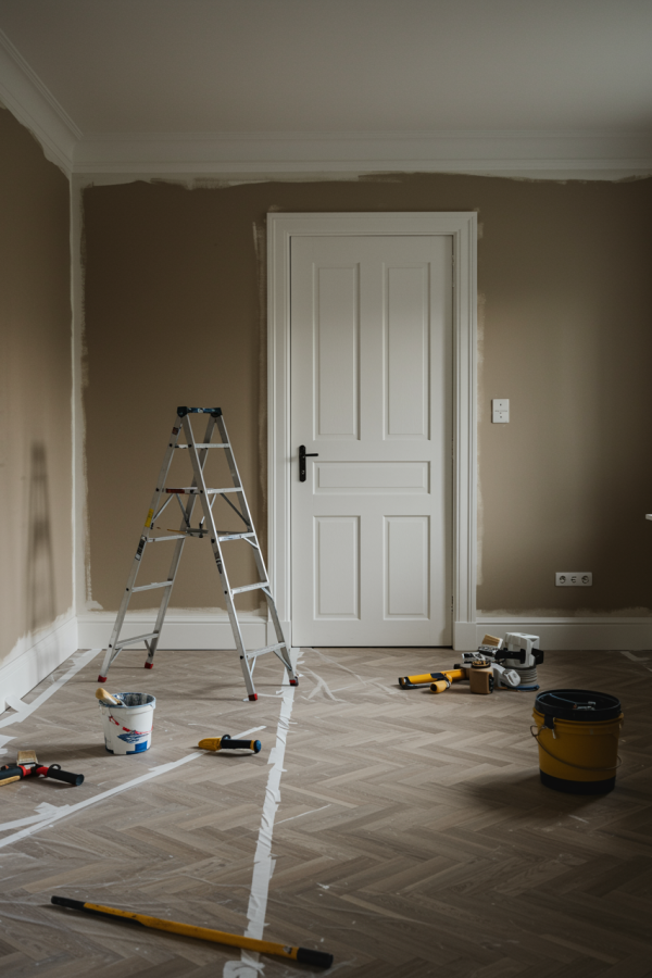 Image 1263 – “A refined, realistic interior scene showcasing a freshly painted room with elegant colors and modern design. Include subtle hints of professional tools and finishing touches, with natural light emphasizing the smooth texture and quality of the interior painting.”