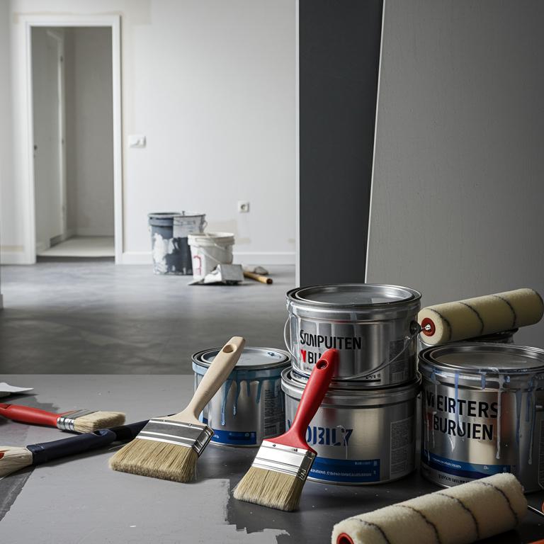 Image 1265 – “A sophisticated visual composition capturing a set of professional painting tools alongside a glimpse of a finished interior project. Highlight elements such as paint cans, brushes, and rollers, arranged artistically to convey quality craftsmanship and specialized interior painting services in a sleek, modern environment.”