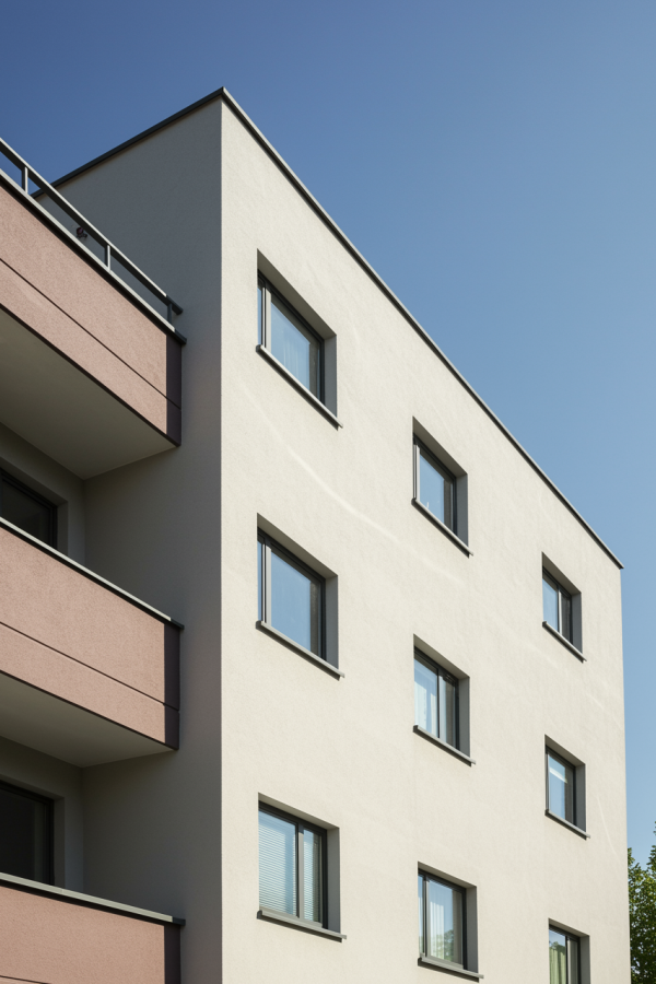 Image 1270 – “A crisp, high-quality image depicting an exterior finish on a building. Emphasize clean, detailed brush strokes and a high-end, professionally painted façade on a modern building under a bright, clear sky. The scene reflects expert craftsmanship in exterior painting.”