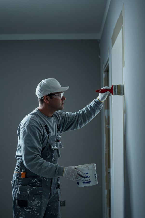 Image 1271 – “A detailed, realistic image of a white professional painter actively engaged in interior painting work. The scene shows the painter focused on applying smooth, even strokes with high-quality brushes in a modern, well-lit interior setting, emphasizing precision, quality craftsmanship, and attention to detail.”